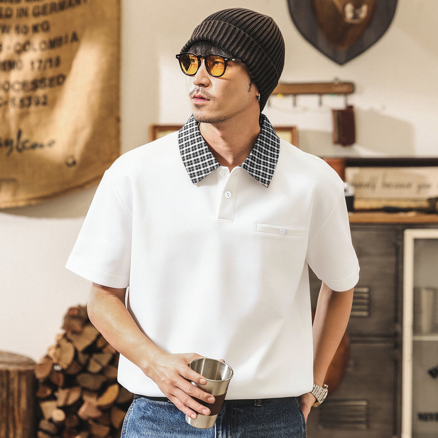 美式復古假兩件格紋Polo衫男夏季短袖男款260g重磅寬鬆潮牌T恤男