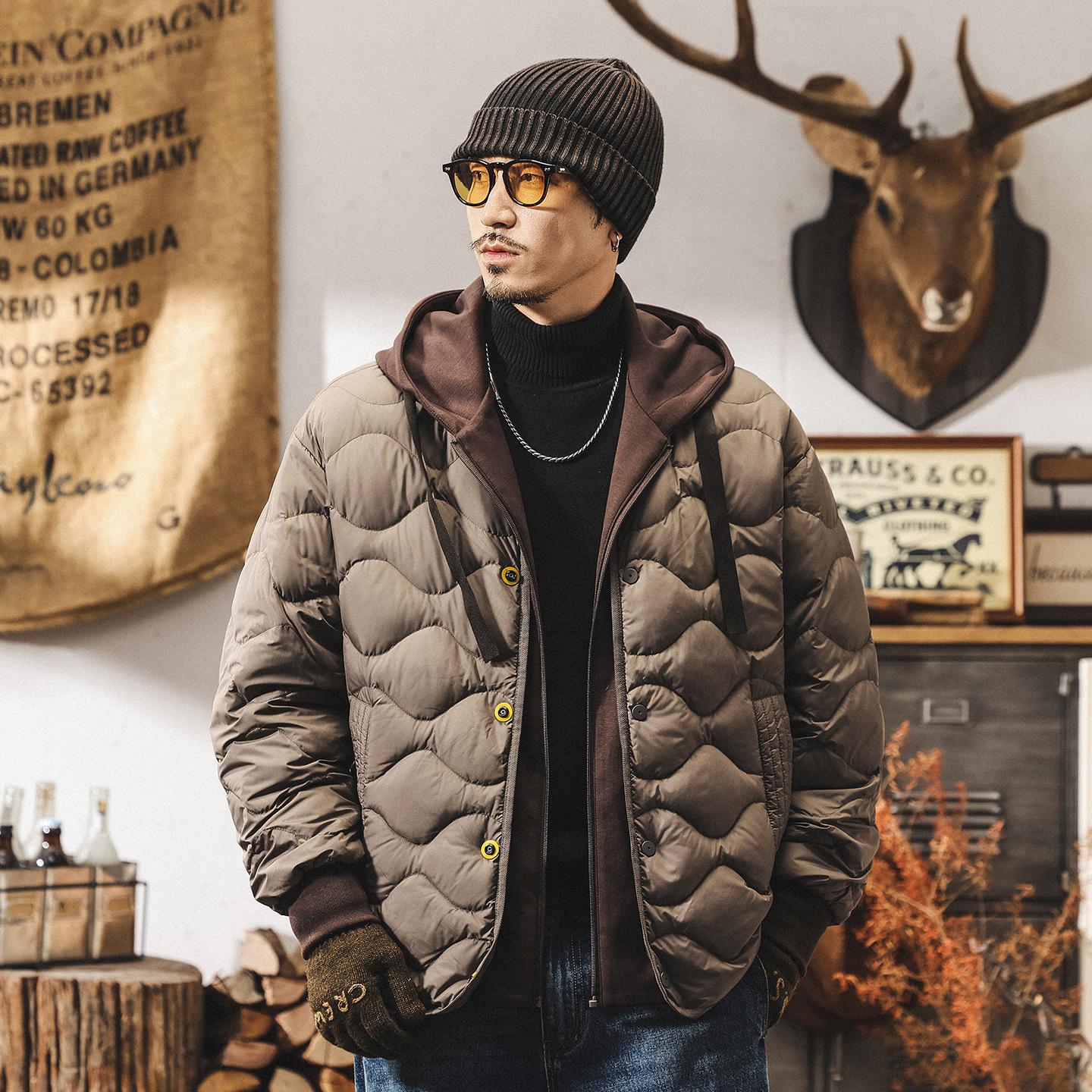 美式復古90鴨絨可拆卸假兩件輕薄羽絨服男冬季潮牌保暖連帽外套男