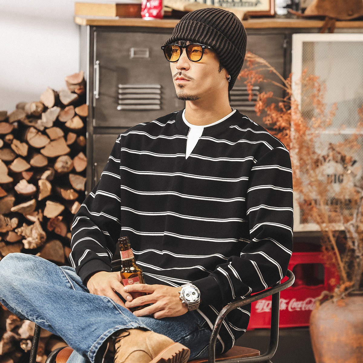 美式復古重磅條紋假兩件衛衣男秋季2025新款潮牌寬鬆休閒長袖上衣