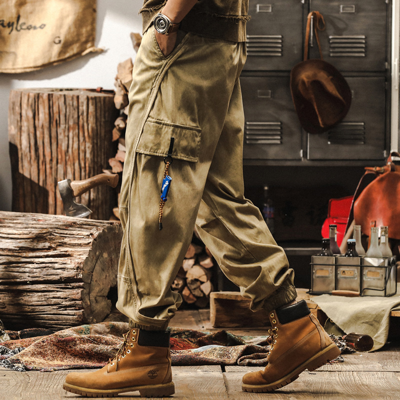 美式復古髒染做舊卡其色工裝褲男春季2025新款潮牌寬鬆闊腿休閒褲