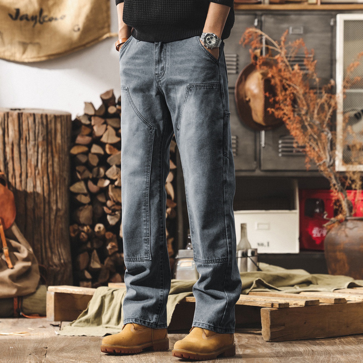 美式復古水洗牛仔褲男直筒春季潮牌工裝褲伐木工褲男士寬鬆休閒褲