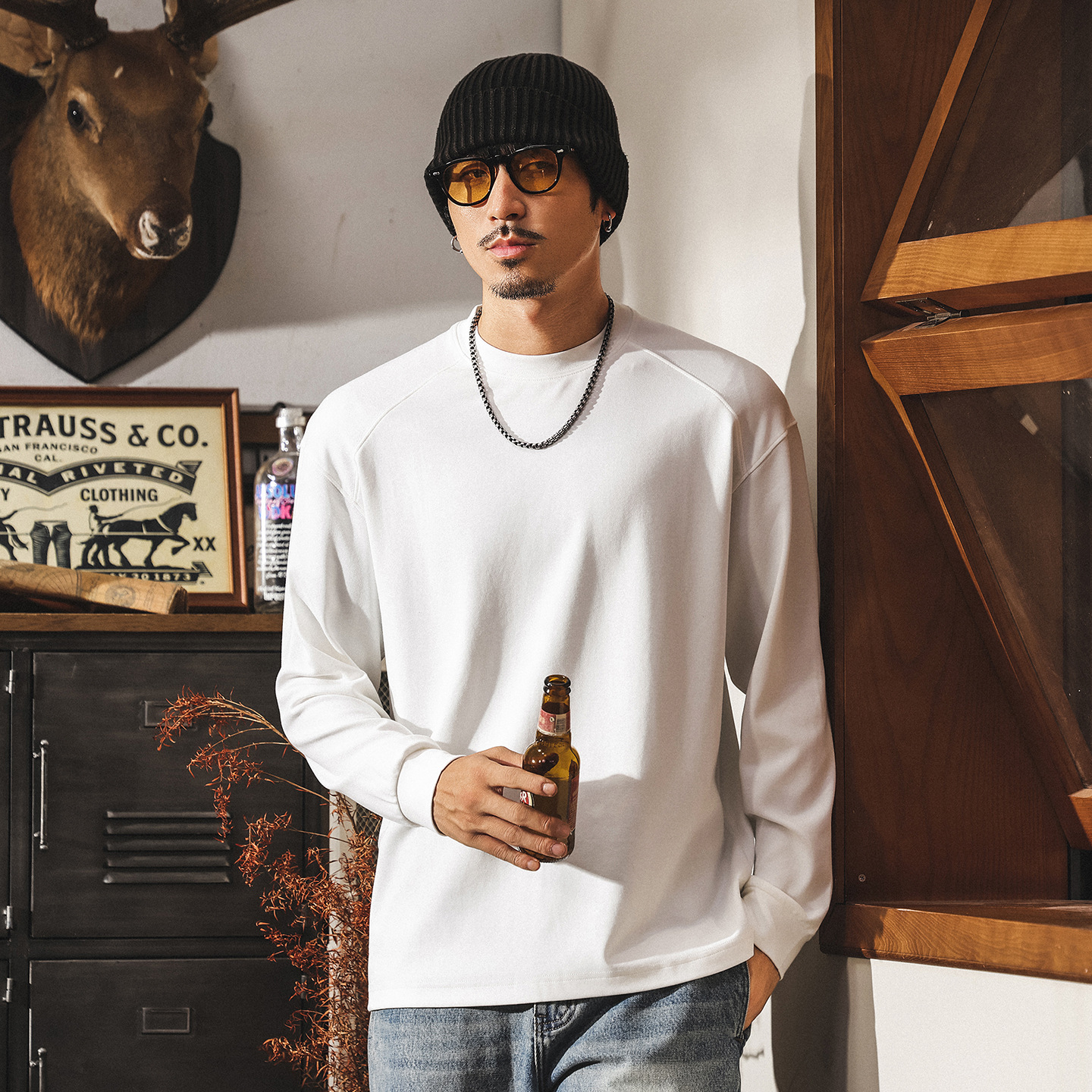 親膚軟糯莫代爾300g重磅衛衣男春秋新款寬鬆暖絨內搭T恤打底衫男