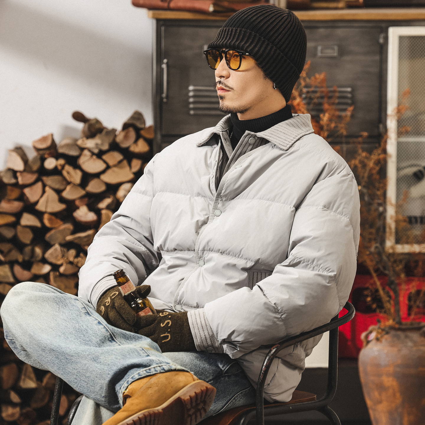 美式復古假兩件90純白鴨絨蓬鬆羽絨服男冬季加厚保暖麪包服外套男