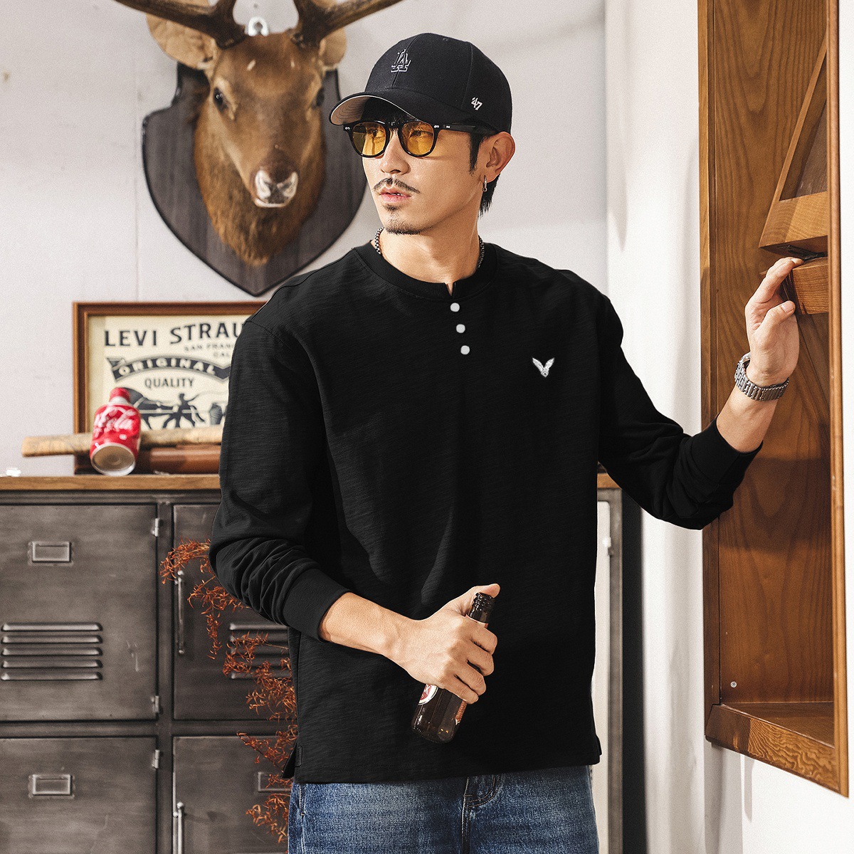 美式復古咖色亨利領長袖t恤男春秋新款寬鬆硬漢潮流男士上衣