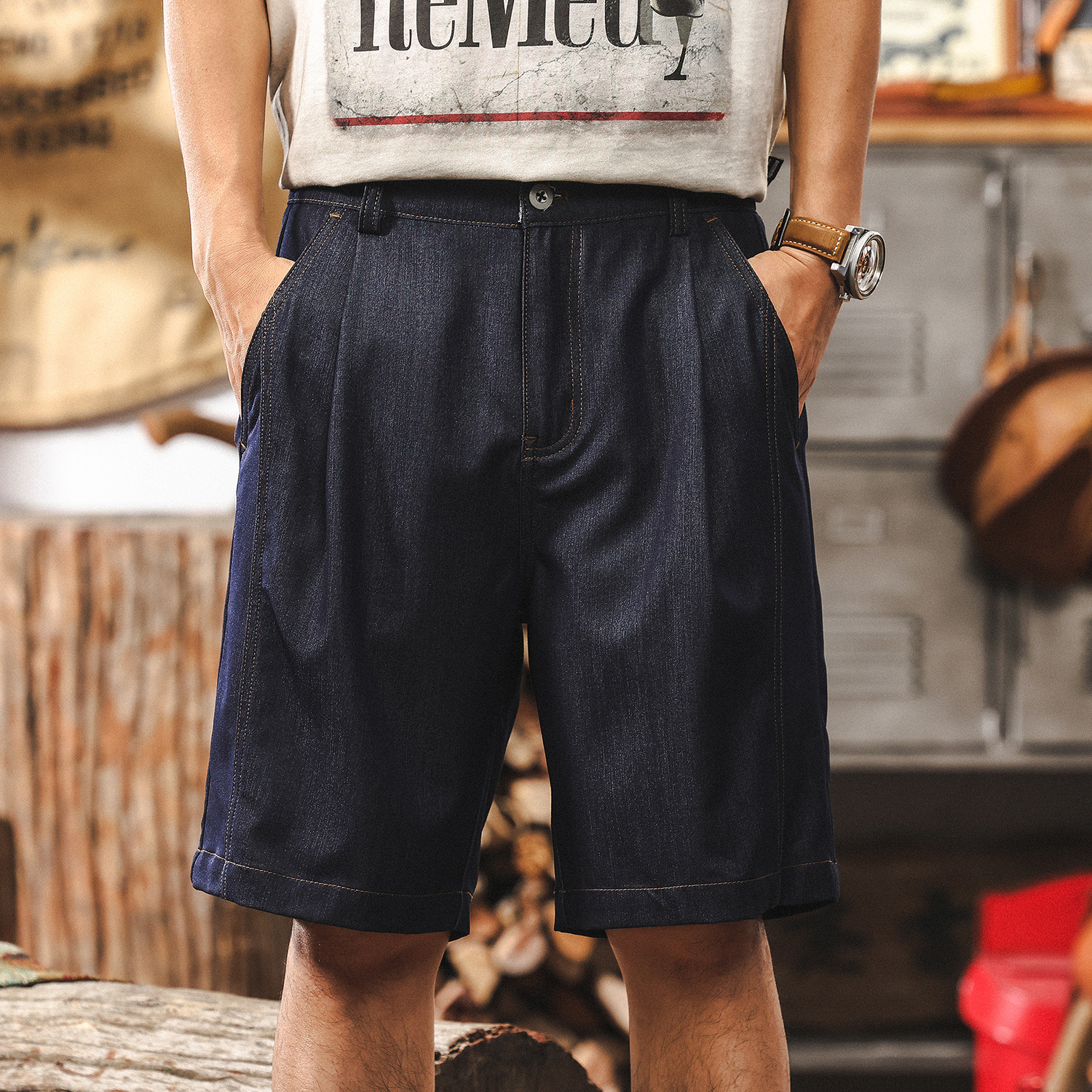 抗皺易打理美式復古丹寧牛仔短褲男夏季薄款休閒寬鬆直筒五分褲子