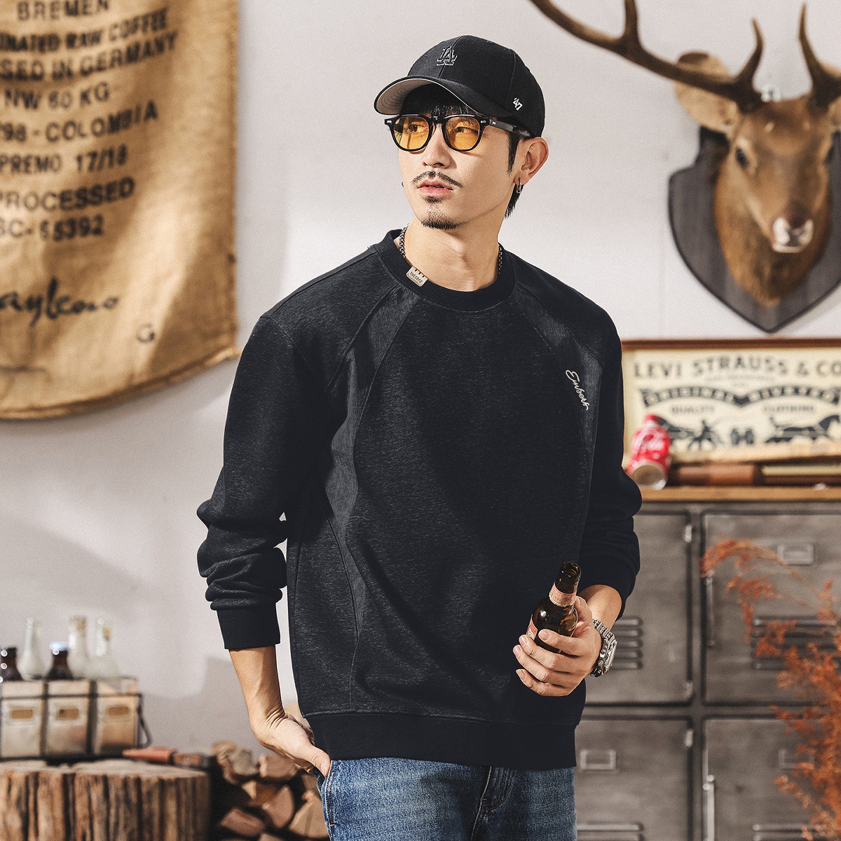 美式復古重磅衛衣男秋季潮牌2025新款拼色潮流寬鬆休閒長袖T恤男