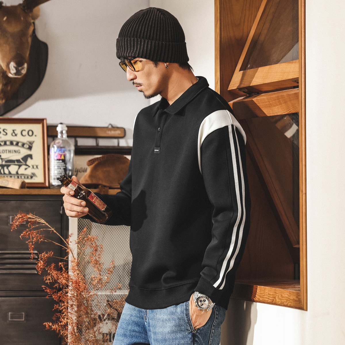 美式復古Polo領衛衣男春秋2025新款潮牌撞色拼接寬鬆休閒男士上衣