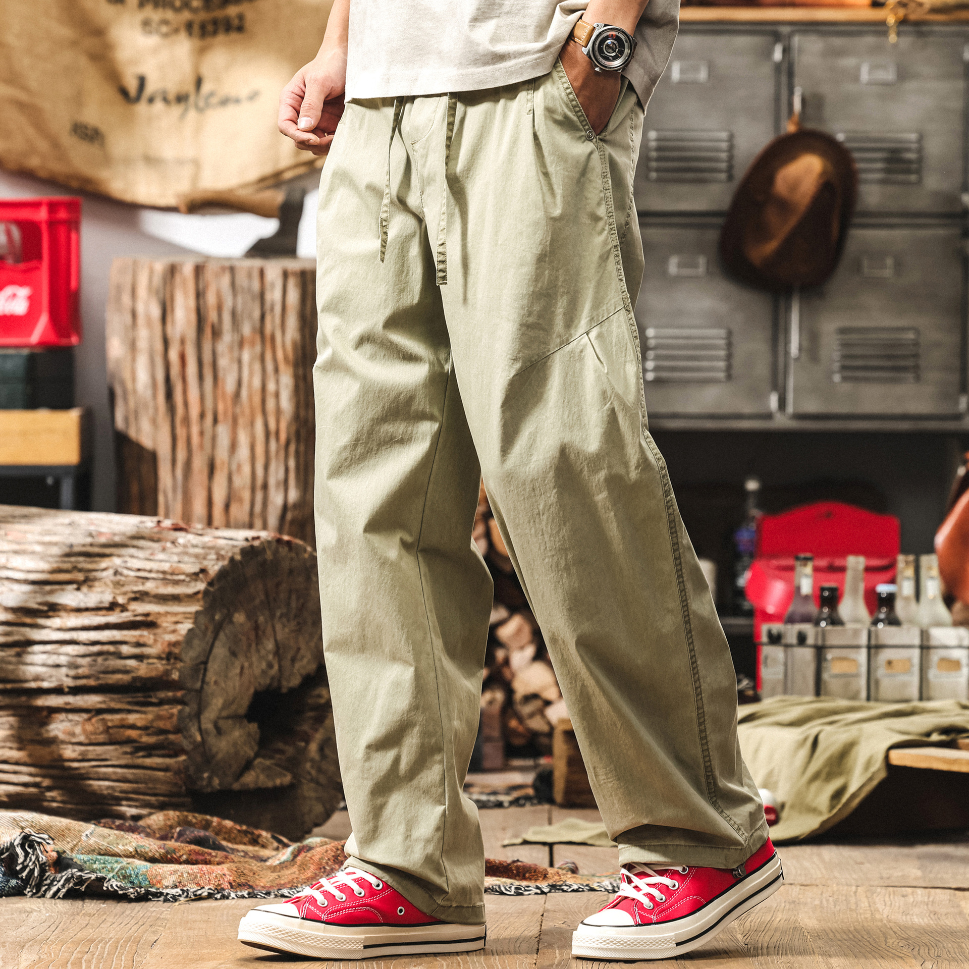 美式復古寬鬆闊腿休閒褲男士夏季新款直筒褲子拼接潮牌工裝束腳褲