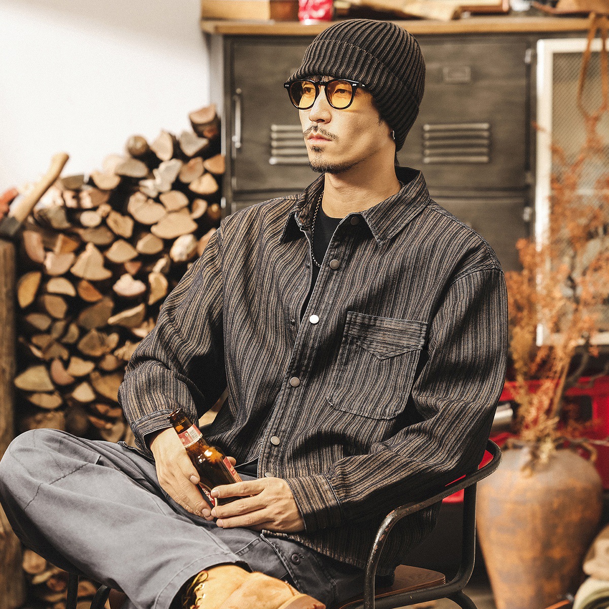 美式復古咖色條紋襯衫男長袖秋季潮牌寬鬆休閒外套男春秋新款襯衣