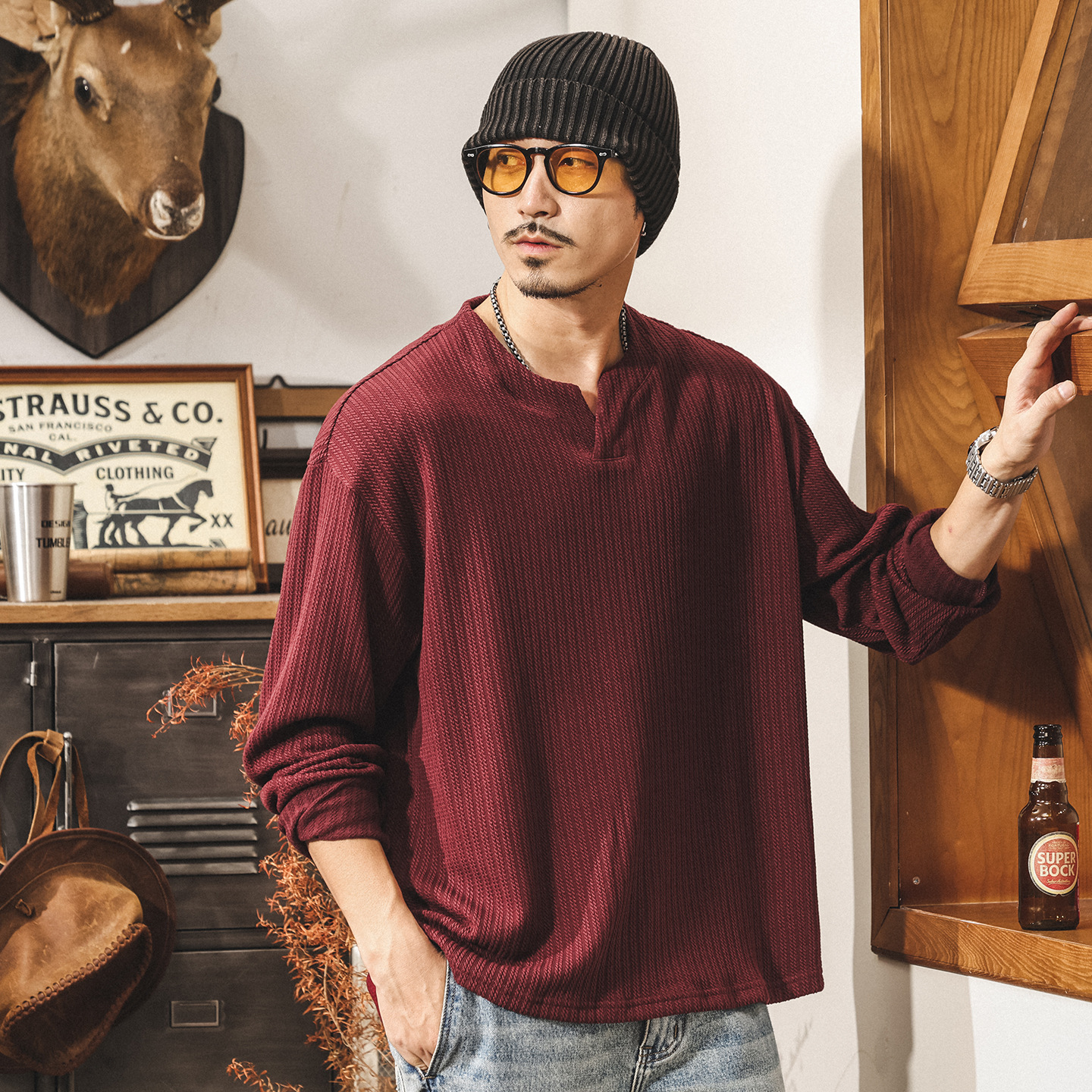 美式復古330g重磅針織長袖t恤男冬季新款潮流高級感提花男士衛衣