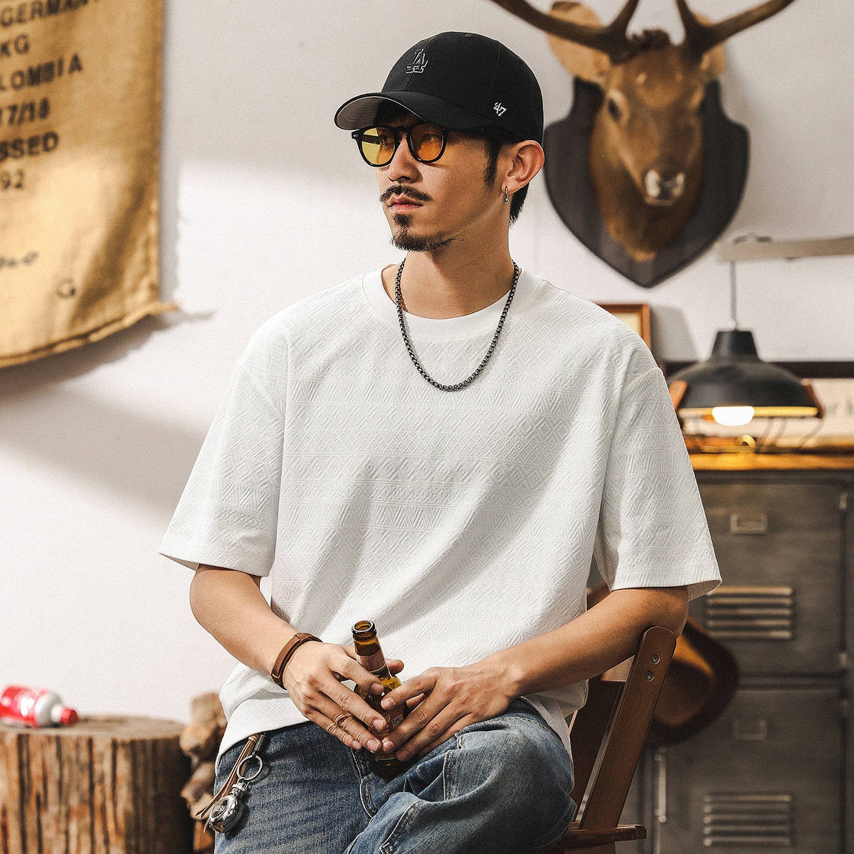 美式復古高級感提花紋理男士T恤夏季短袖2025新款潮牌寬鬆上衣男