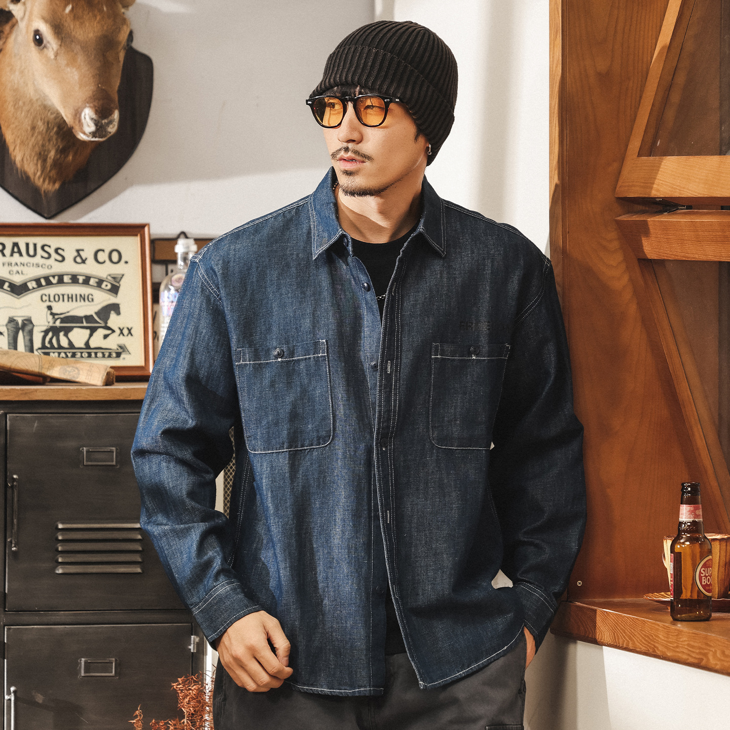 環保抗菌古織漢麻襯衫男長袖秋季新款美式復古寬鬆休閒襯衣外套男