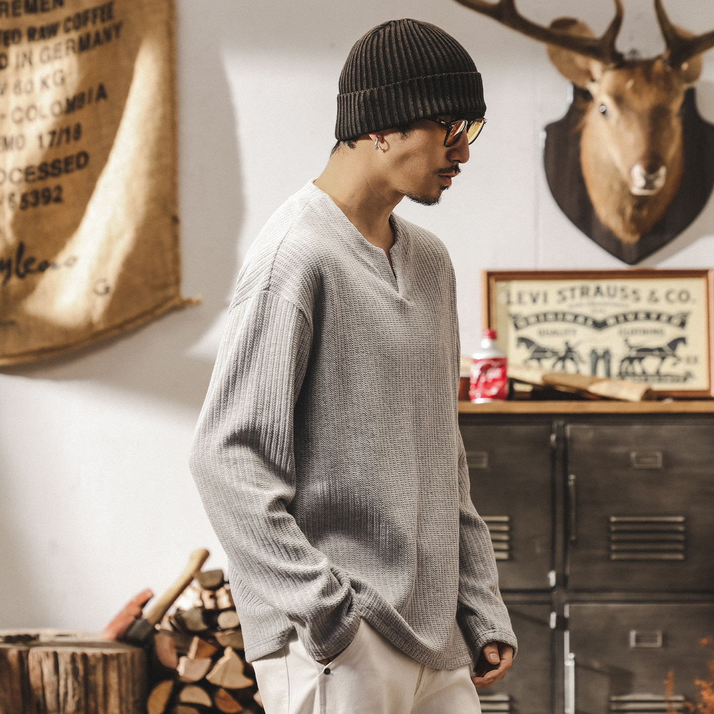 美式復古330g重磅t恤男長袖秋季新款高級感提花針織衛衣男士上衣