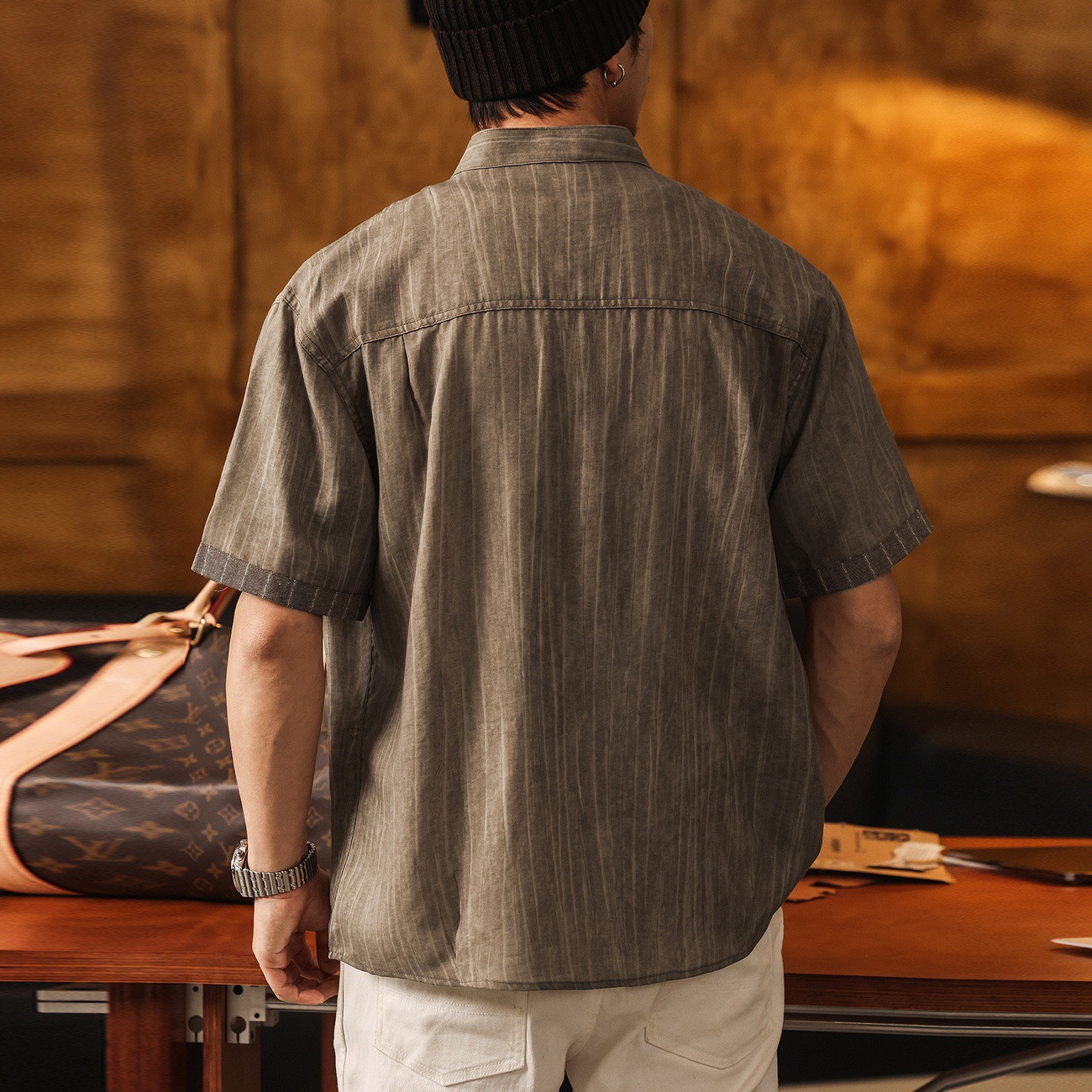 老錢風萊賽爾亞麻條紋短袖襯衫男夏季潮牌新中式男裝寬鬆立領襯衣