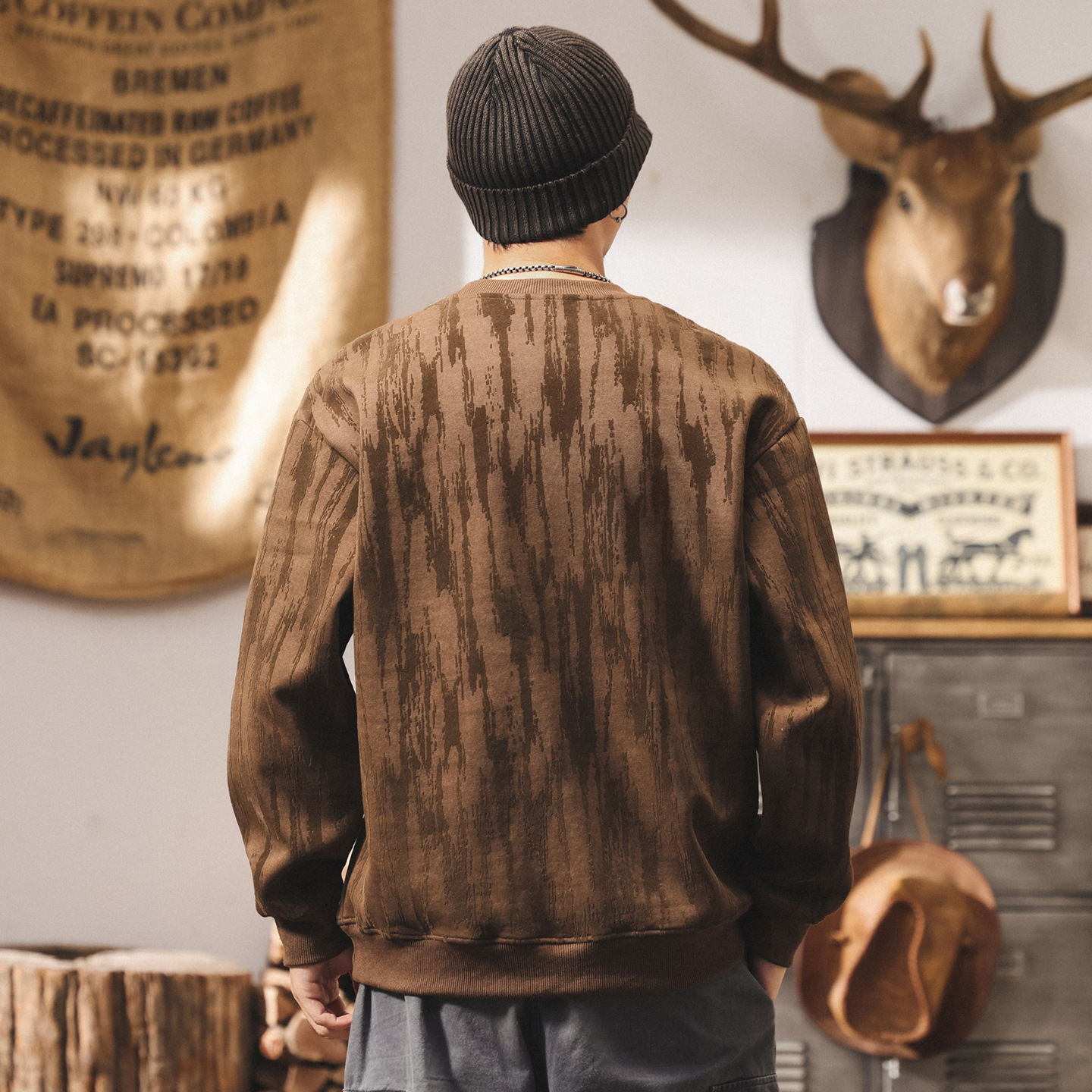 美式復古重磅衛衣男春秋2025新款樹皮皺紋理寬鬆大碼男士秋季上衣