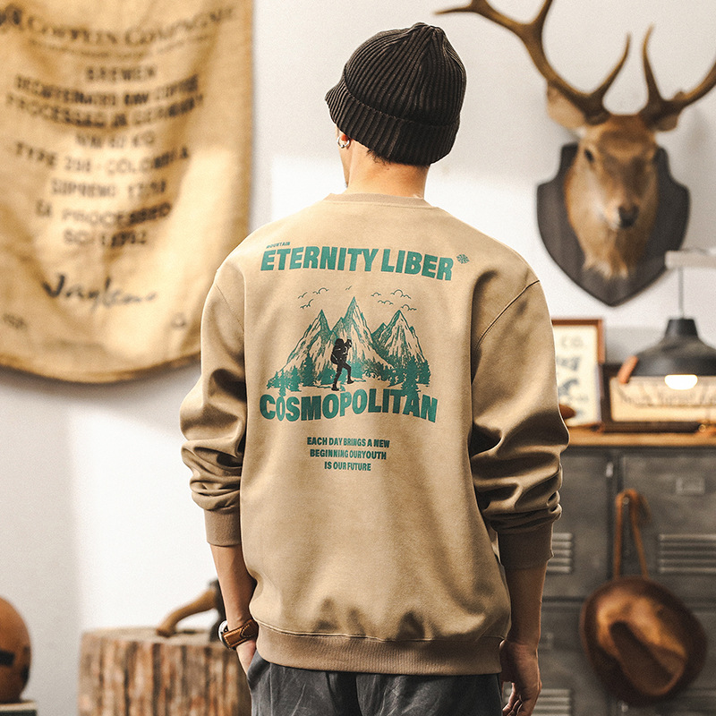 美式復古卡其色350g重磅衛衣男秋冬款潮牌戶外山系慵懶風寬鬆上衣