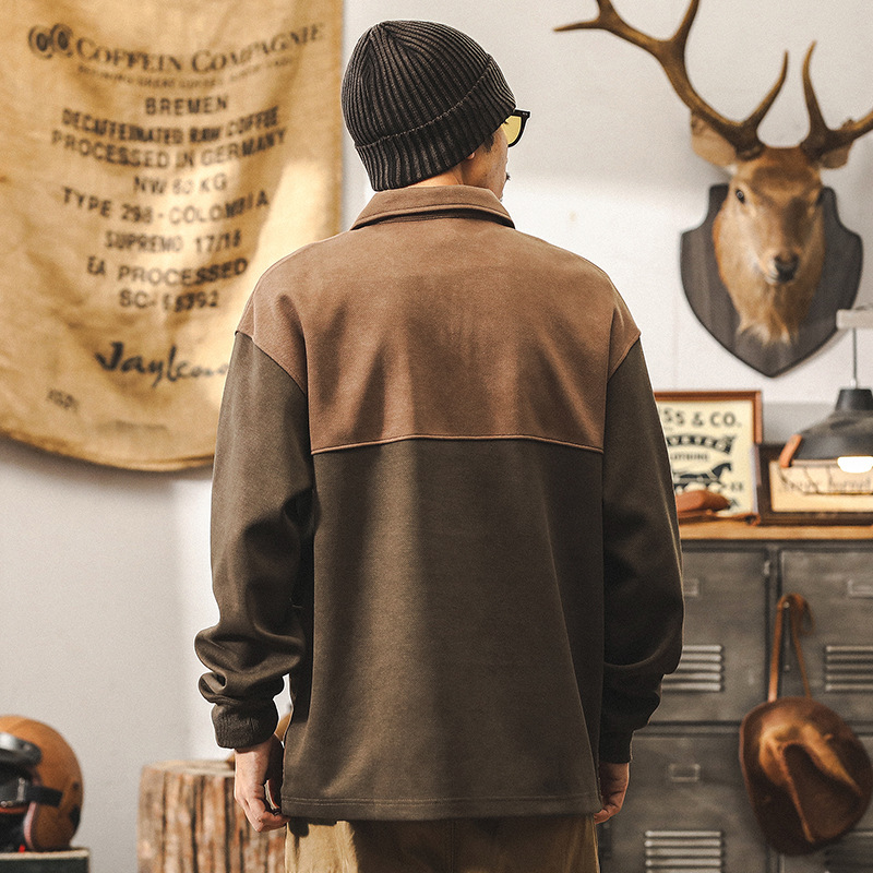 美式復古360g重磅衛衣男秋季2024新款潮流設計感拼接口袋POLO衫男