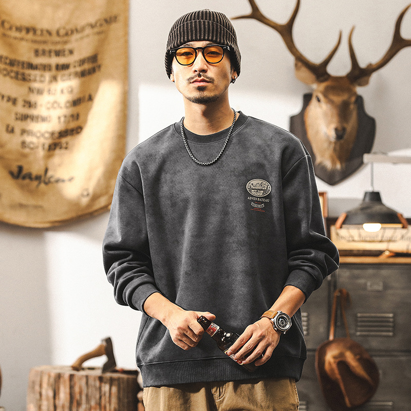 美式復古360g重磅圓領衛衣男春秋款潮牌寬鬆上衣男士印花體恤男款