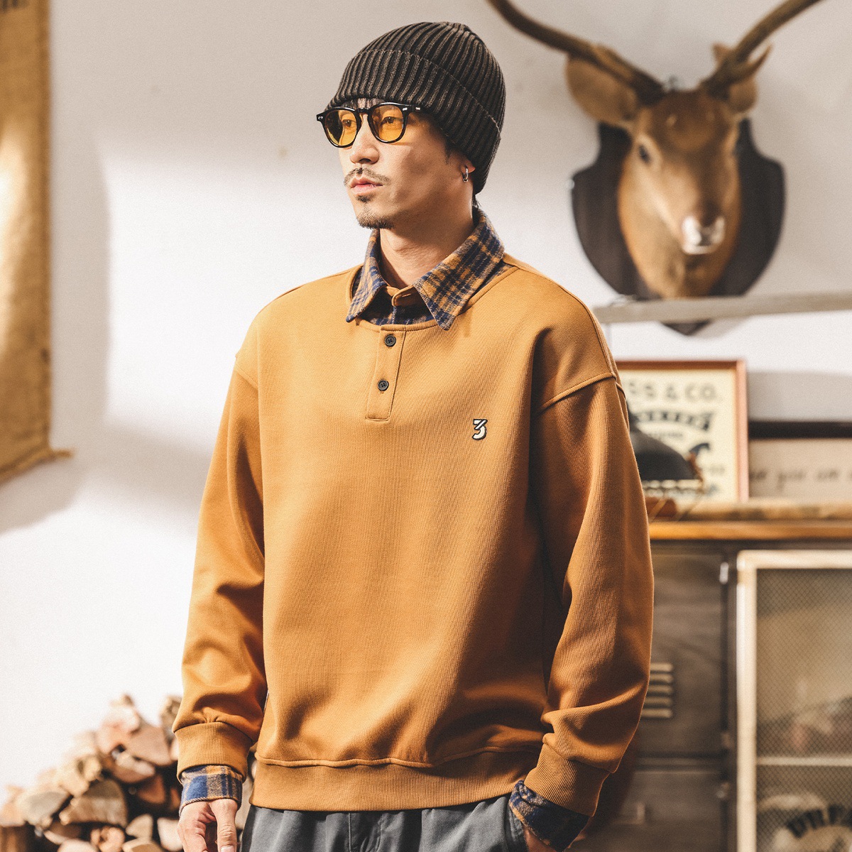 美式復古360g重磅衛衣男秋季潮牌寬鬆休閒襯衫領假兩件外套男春秋