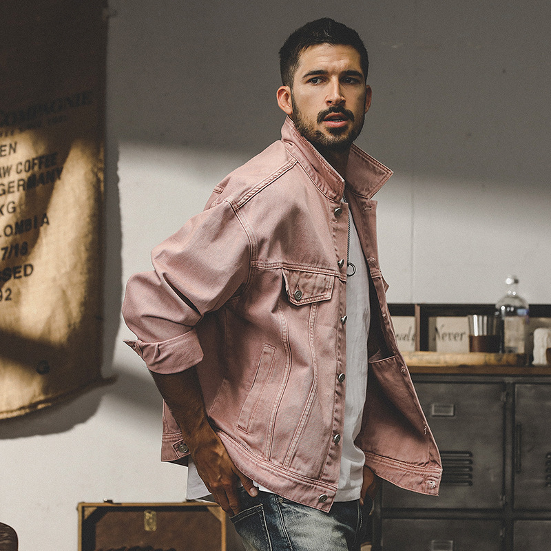 美式復古多巴胺粉色牛仔外套男士秋冬款潮流水洗阿蘇特工裝夾克男