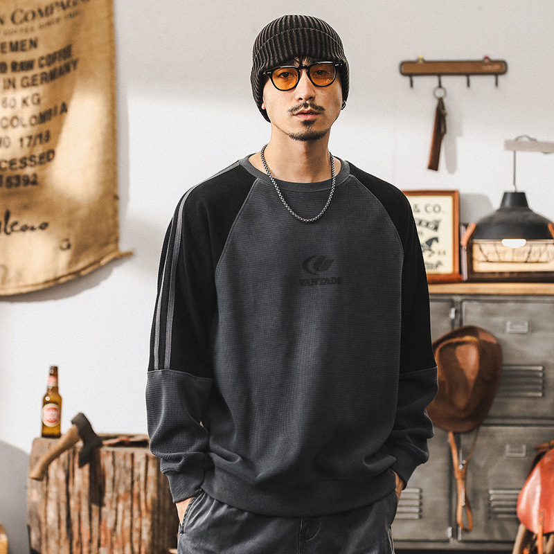 美式復古350g重磅衛衣男秋冬款潮牌肌理感華夫格秋季長袖T恤男士