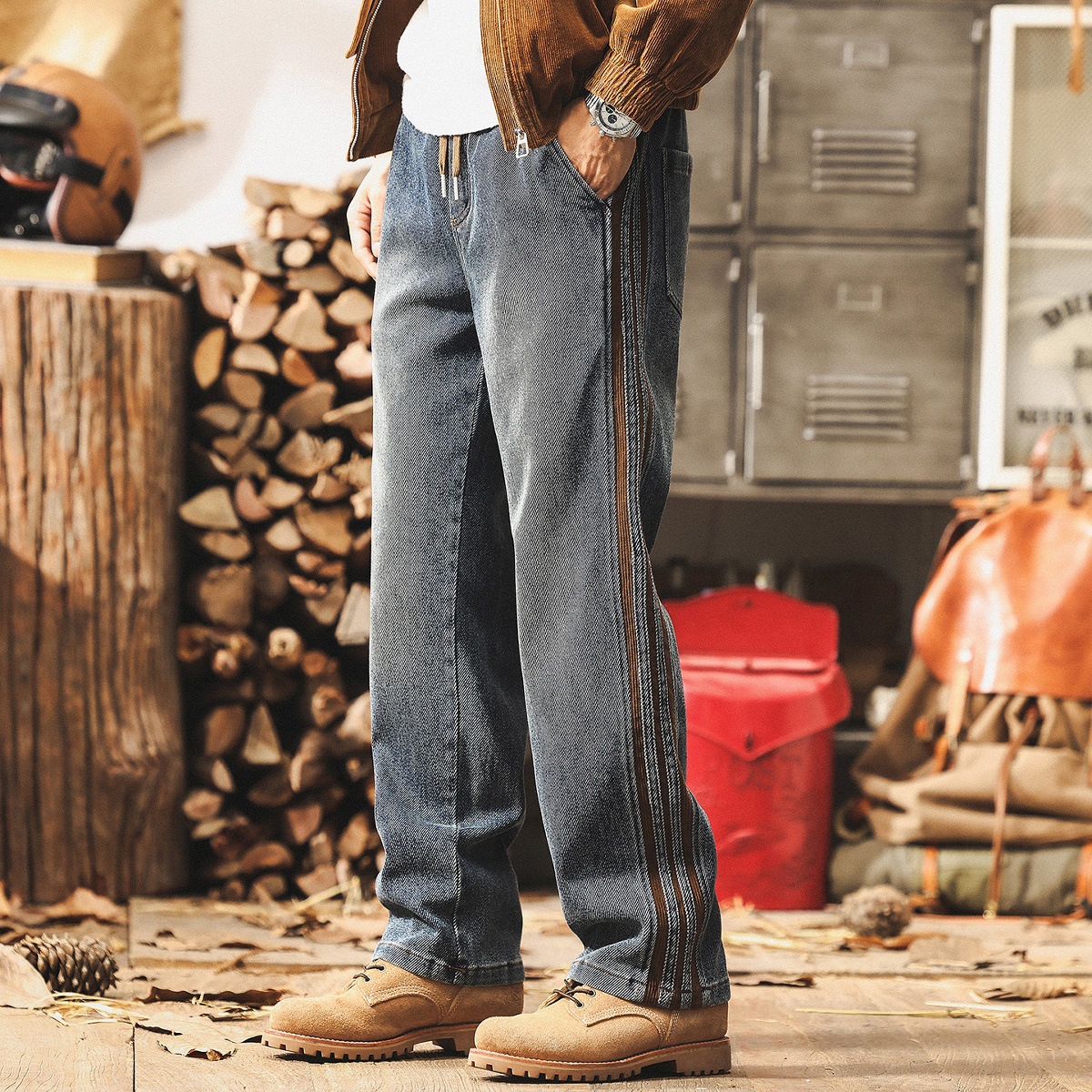 美式復古拼接三條槓牛仔褲男款秋季潮牌設計感寬鬆直筒男士休閒褲