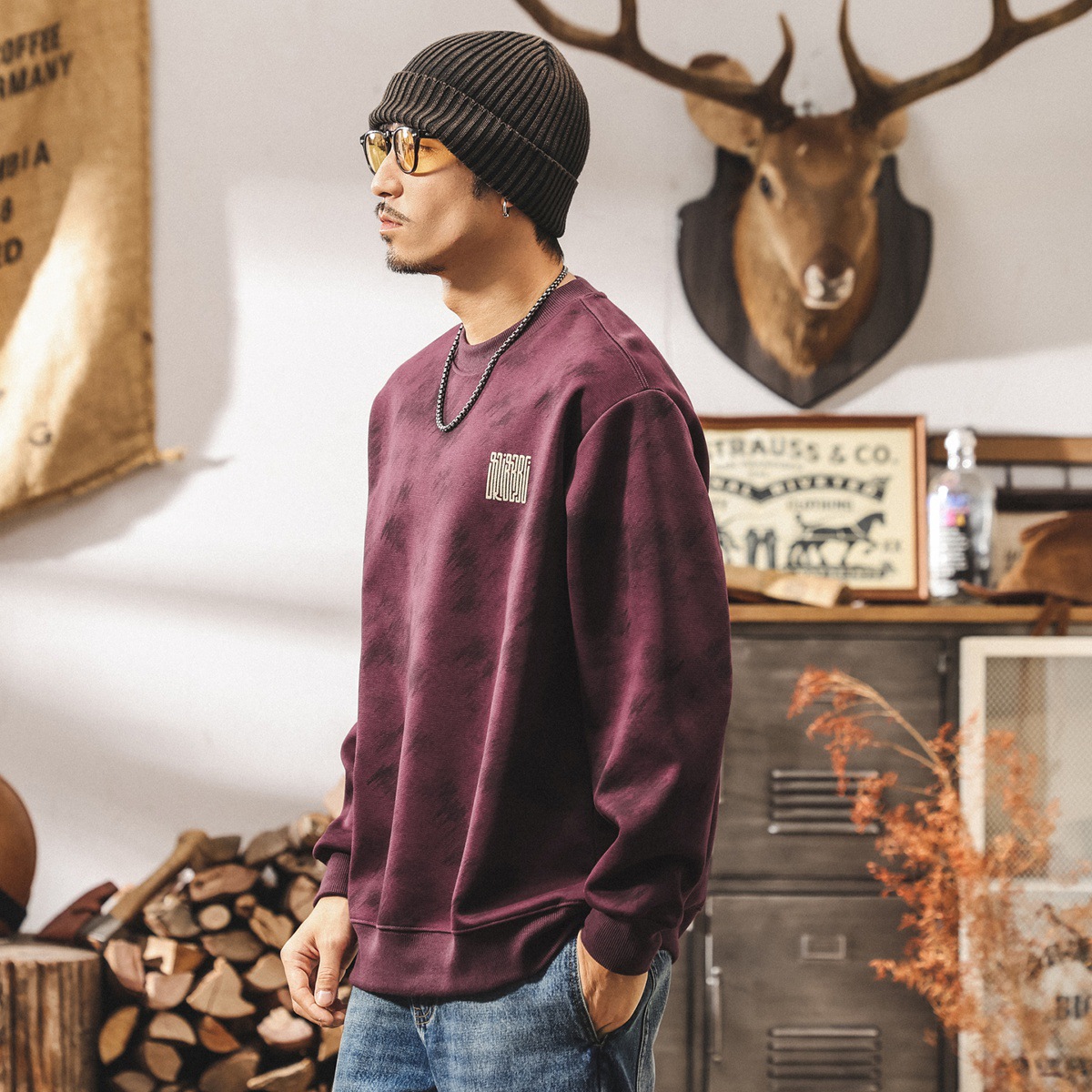 美式復古紫色重磅衛衣男春秋新款圓領寬鬆潮流休閒長袖秋季上衣男