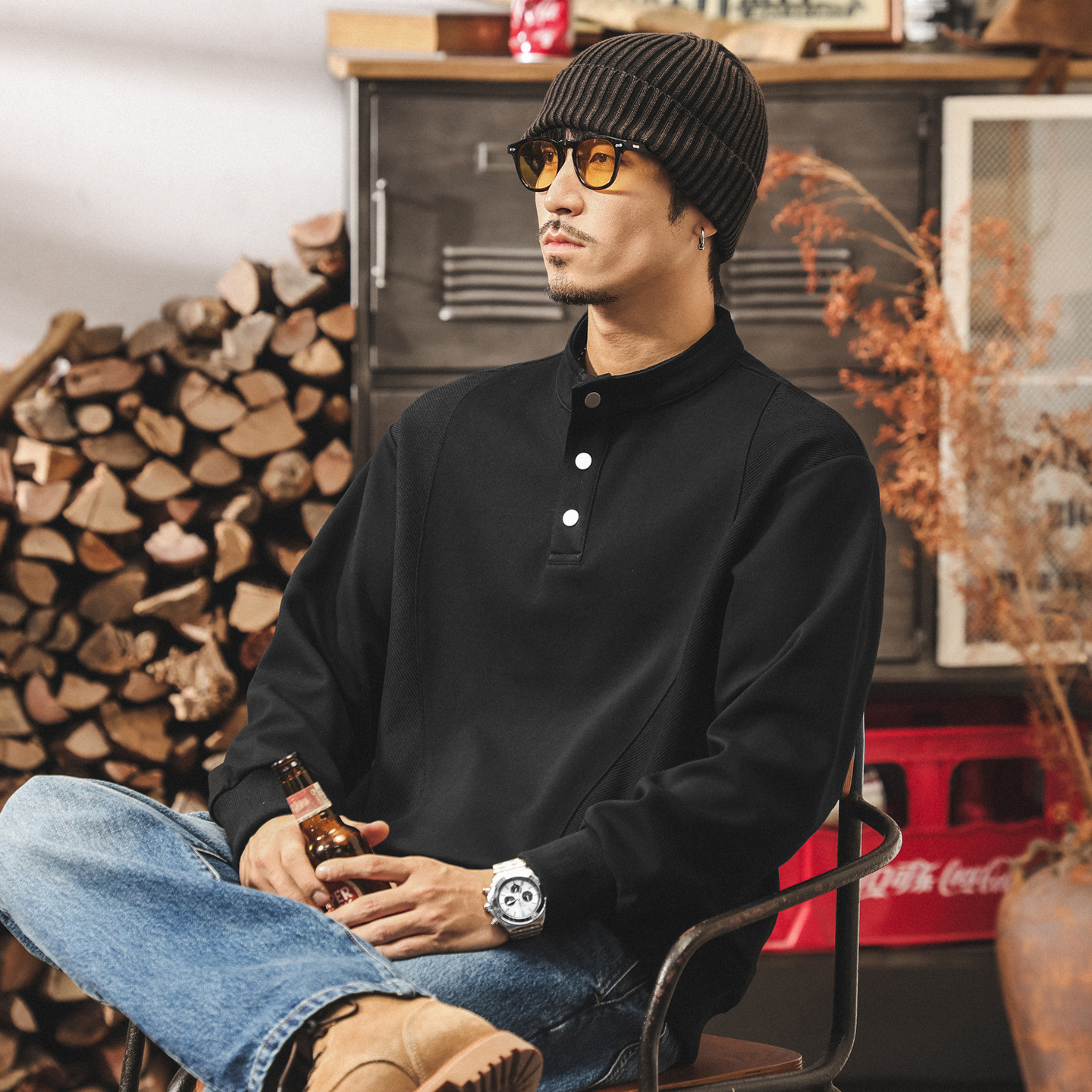 美式復古黑色亨利領衛衣男春秋新款長袖Polo衫立領寬鬆休閒上衣男