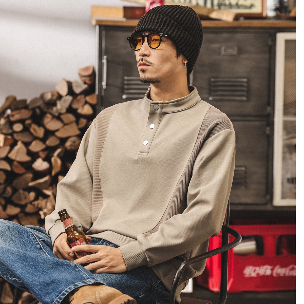 美式復古黑色亨利領衛衣男春秋新款長袖Polo衫立領寬鬆休閒上衣男