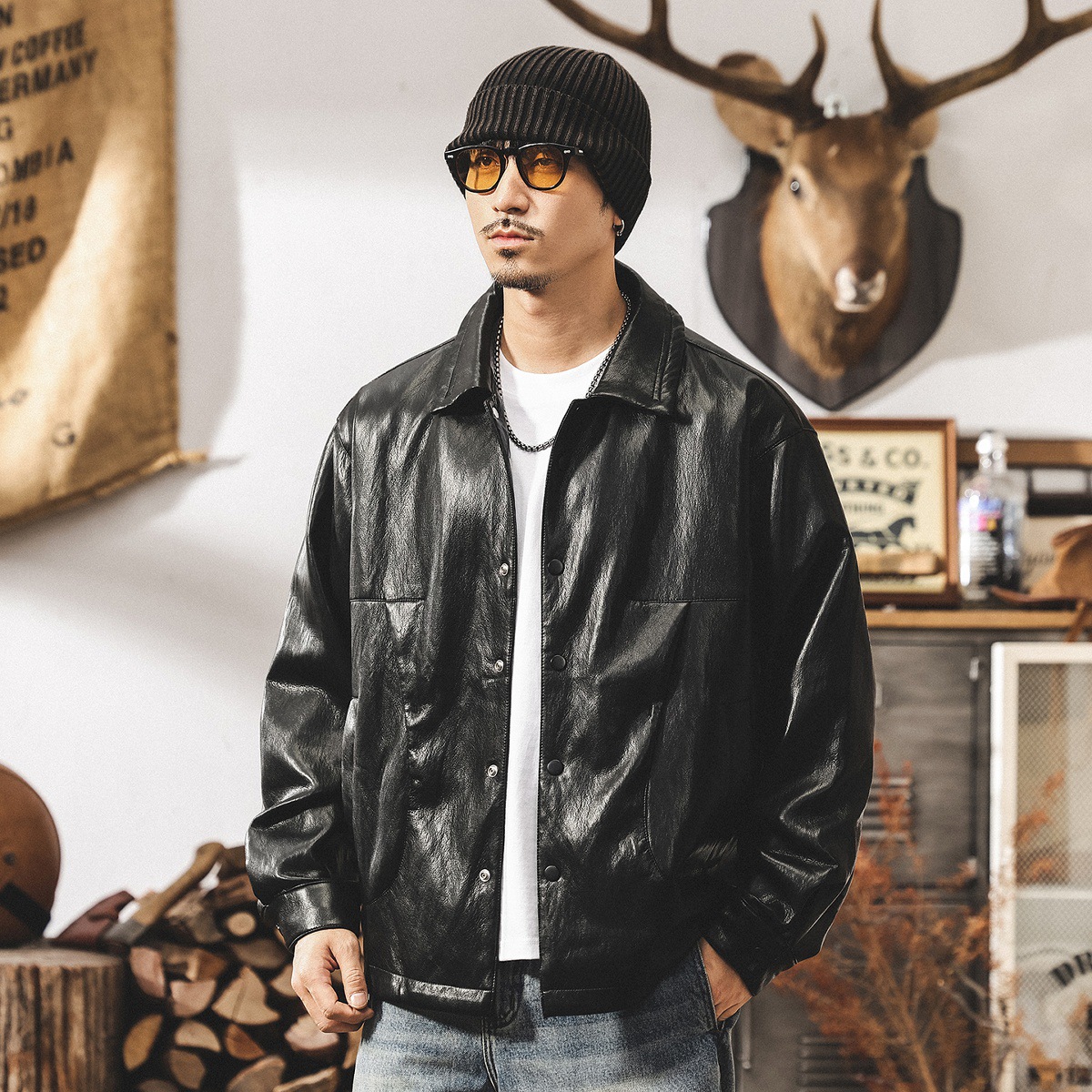 美式復古軟皮衣外套男春秋款寬鬆機車服潮流高級感襯衫型皮夾克男