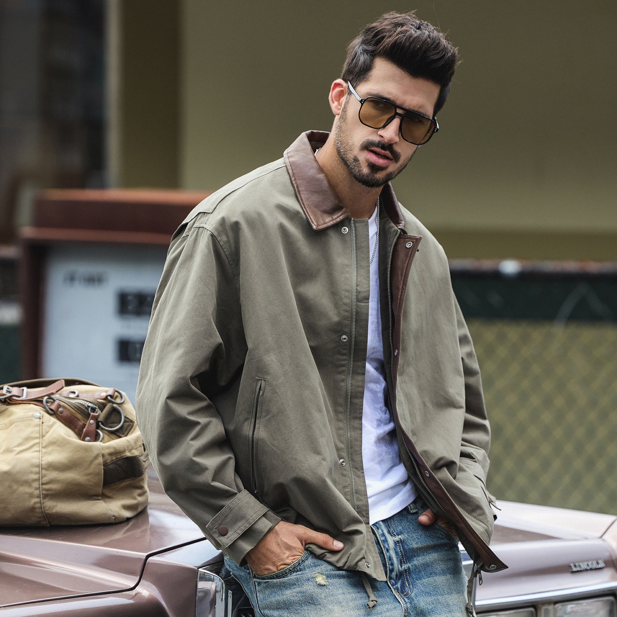 美式復古春季新款男士外套拼接潮牌襯衫式寬鬆休閒春秋工裝夾克男