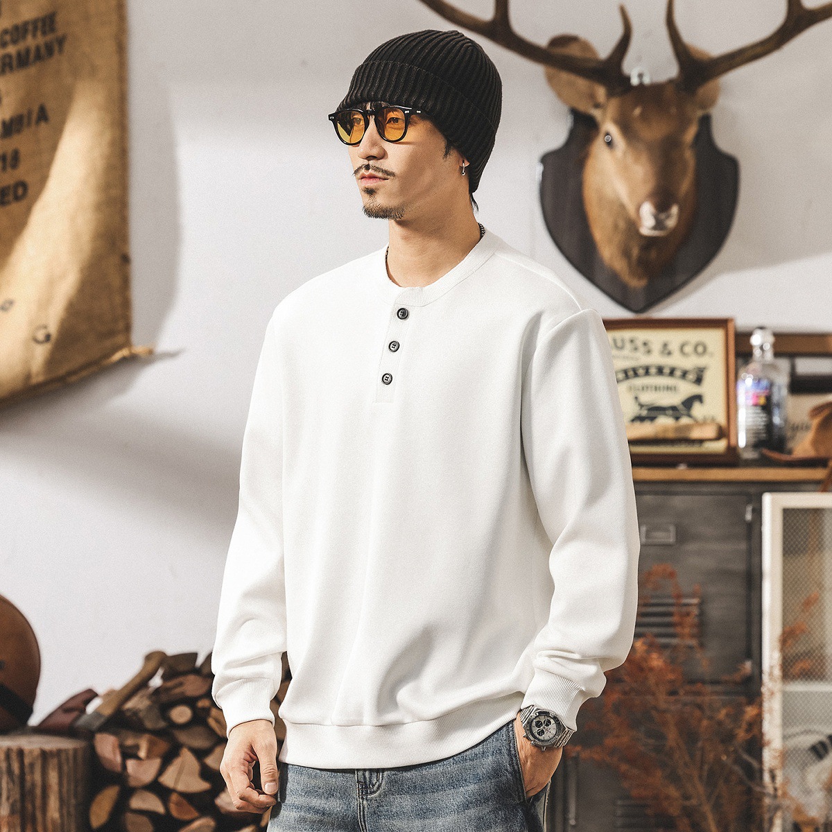美式復古亨利領衛衣男2026新款春季300g重磅寬鬆休閒男士長袖上衣