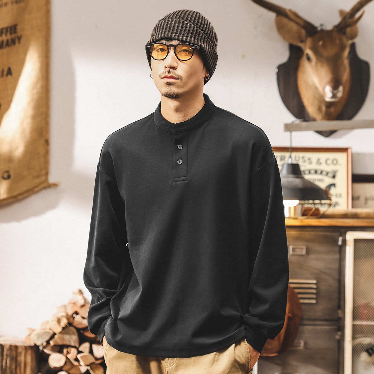 美式復古亨利領男士polo衫長袖t恤男秋季新款重磅磨毛親膚打底衫