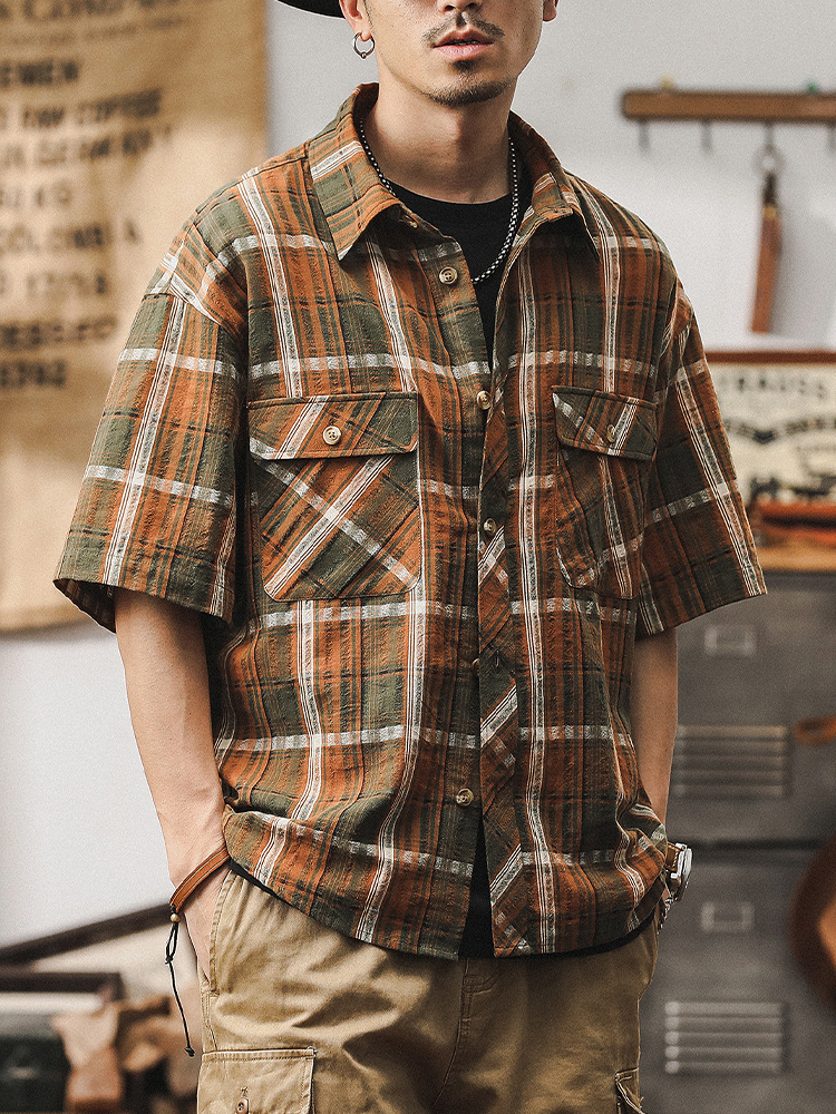 美式經典復古格子襯衫男夏季短袖寬鬆潮牌休閒夏威夷度假沙灘襯衣