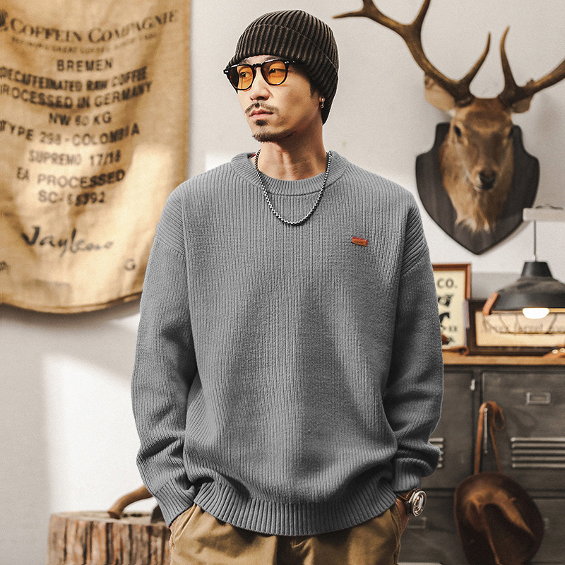 美式復古550g重磅珊瑚紅毛衣男冬季潮牌寬鬆簡約百搭針織衫秋冬款