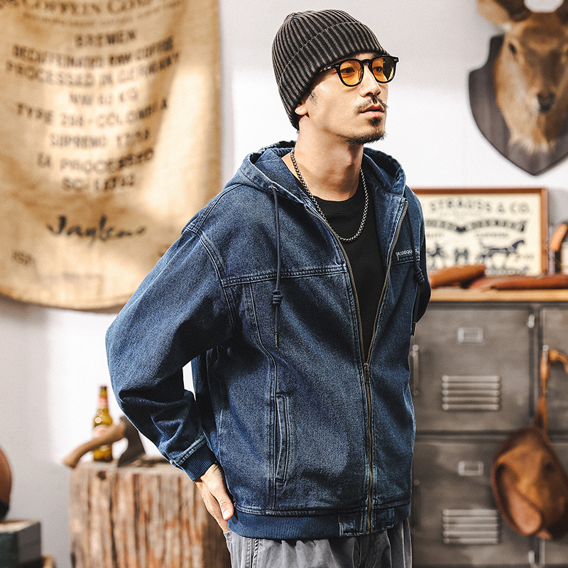 美式復古丹寧水洗藍色牛仔外套男秋季寬鬆潮流男生工裝連帽夾克男
