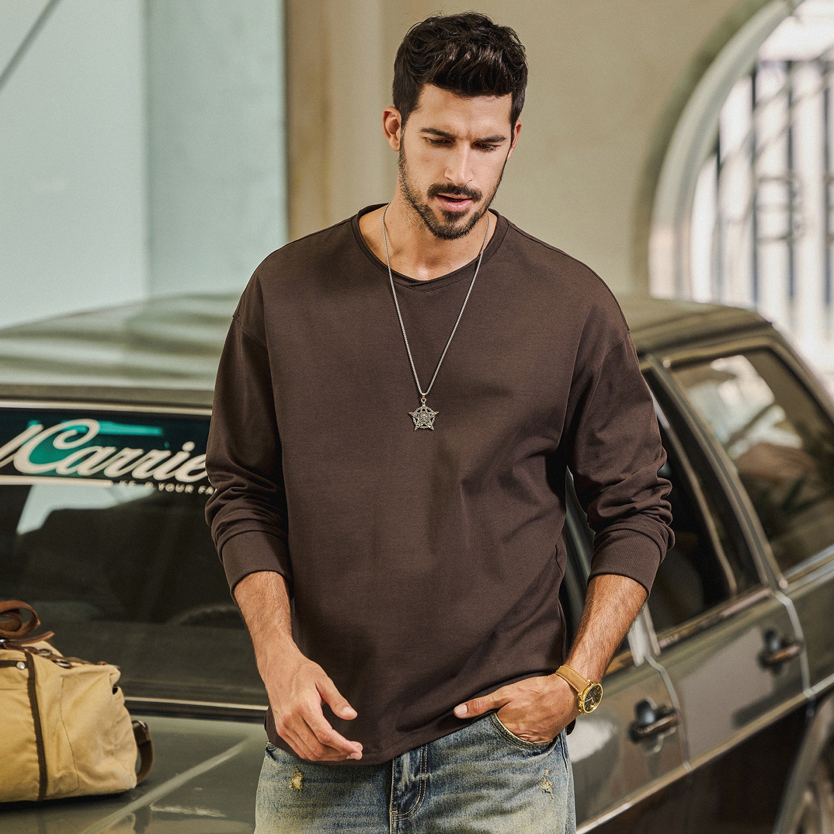 美式復古重磅長袖T恤男春季新款基礎內搭男士打底衫寬鬆上衣