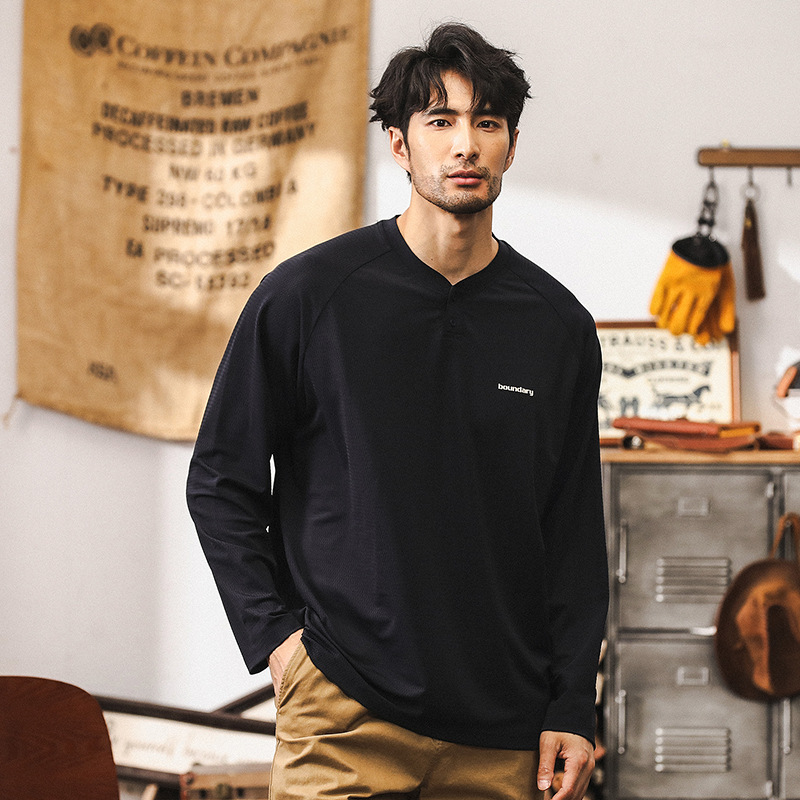 美式復古亨利領長袖T恤男秋季潮牌硬漢戶外透氣薄款男士寬鬆上衣