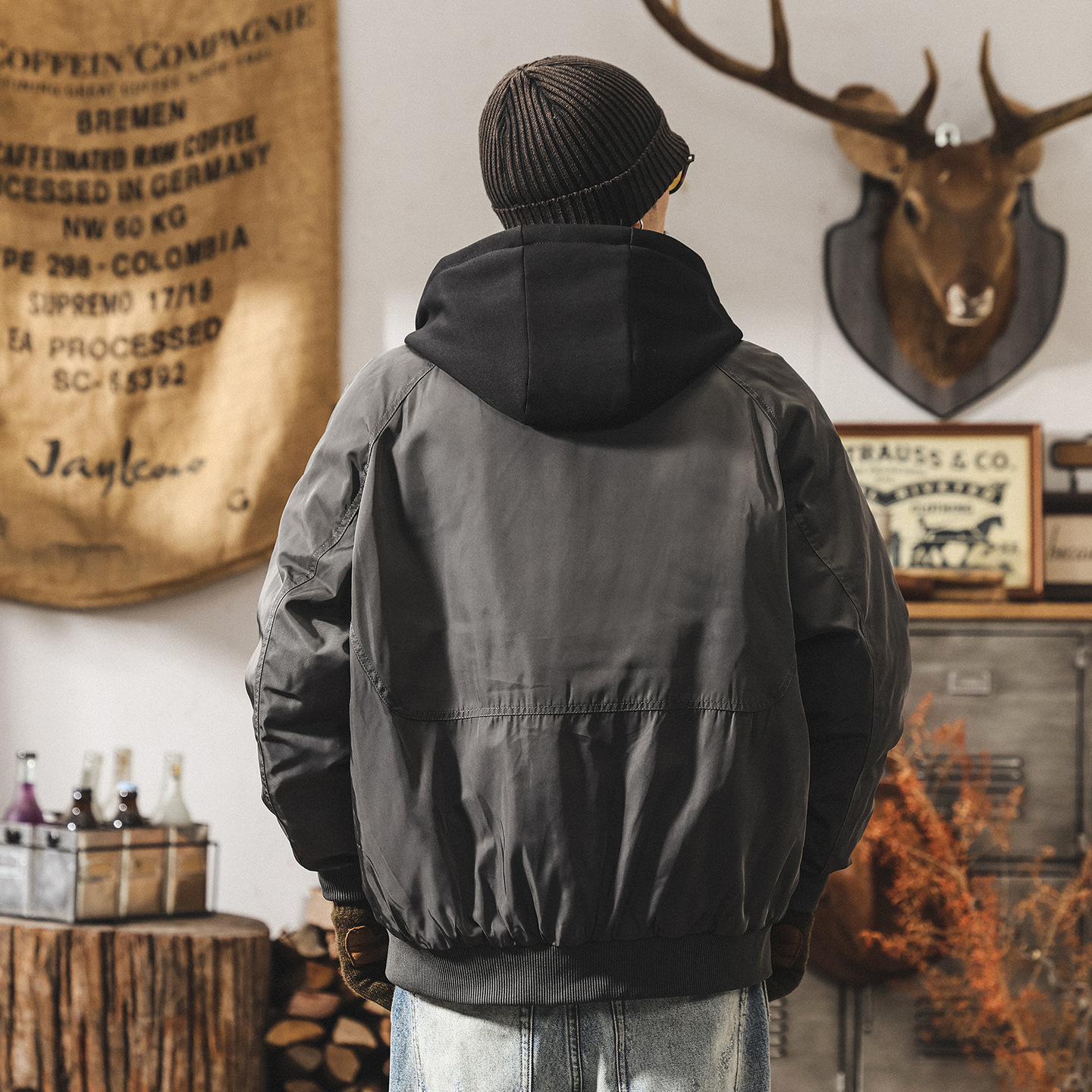 美式復古假兩件工裝羽絨服男冬季加厚90%白鴨絨禦寒保暖連帽外套