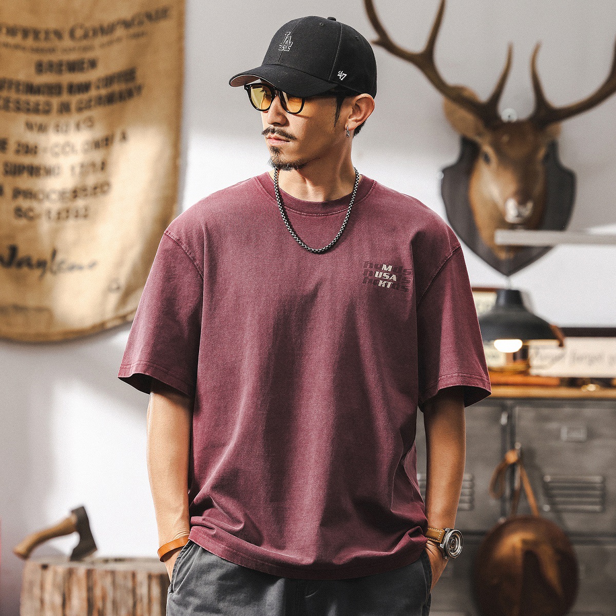 美式復古做舊水洗T恤男夏季2025年新款男士短袖260g重磅體恤