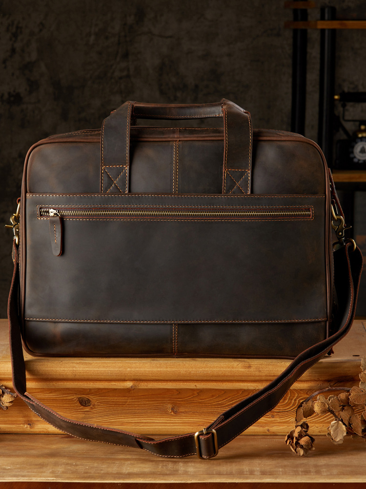 手工復古瘋馬皮手提包大容量電腦包男士單肩斜挎包真皮商務公文包