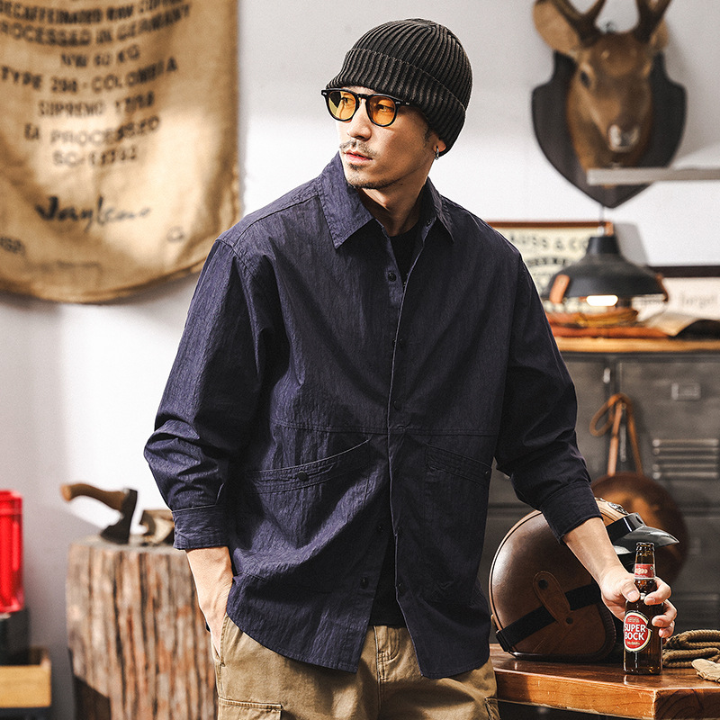 美式山系戶外棉錦工裝襯衫男薄款秋季外套潮牌寬鬆休閒長袖襯衣男
