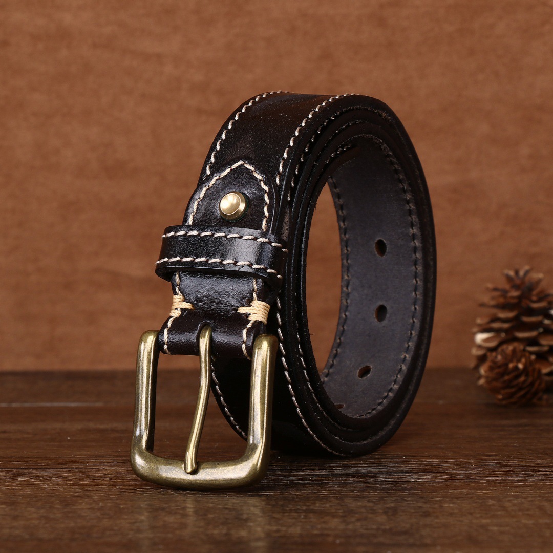 3.4CM男女腰帶激光雕刻復古頭層牛皮皮帶個性銅釦休閒腰帶