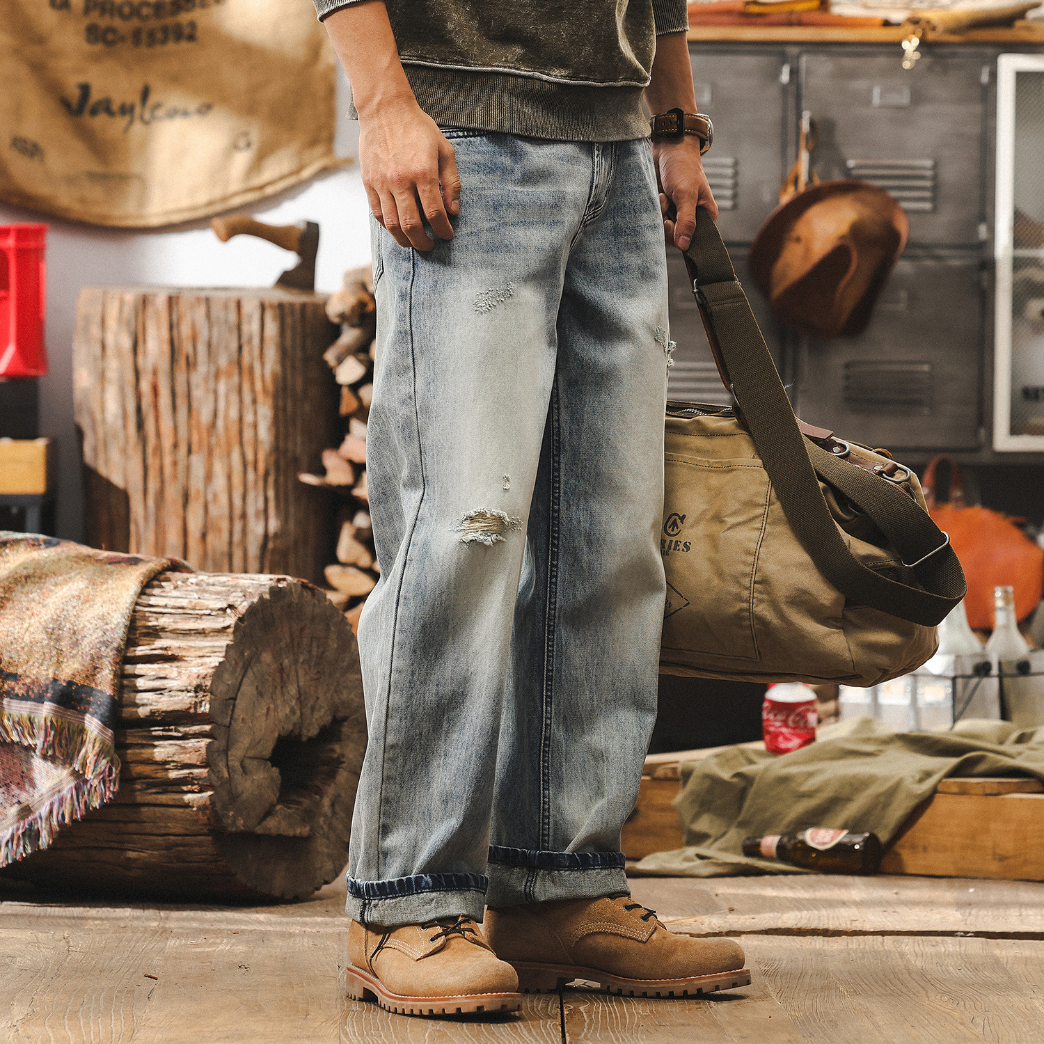 美式復古淺藍色牛仔褲男款春夏寬鬆直筒潮牌男士褲子破洞休閒長褲