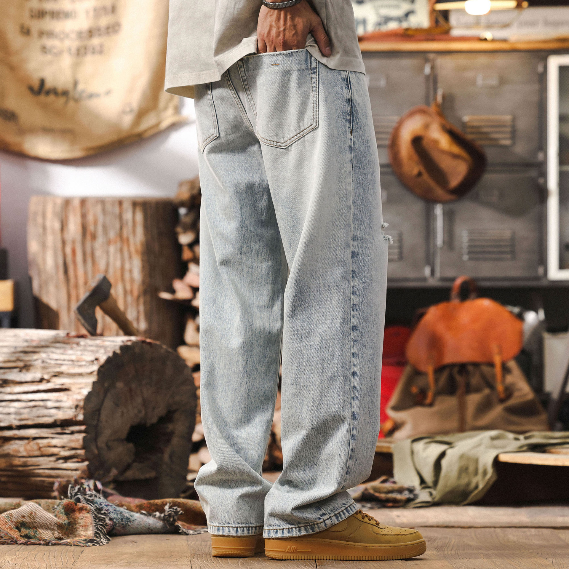 美式復古石青色破洞牛仔褲男春季潮牌寬鬆直筒男士磨白水洗休閒褲