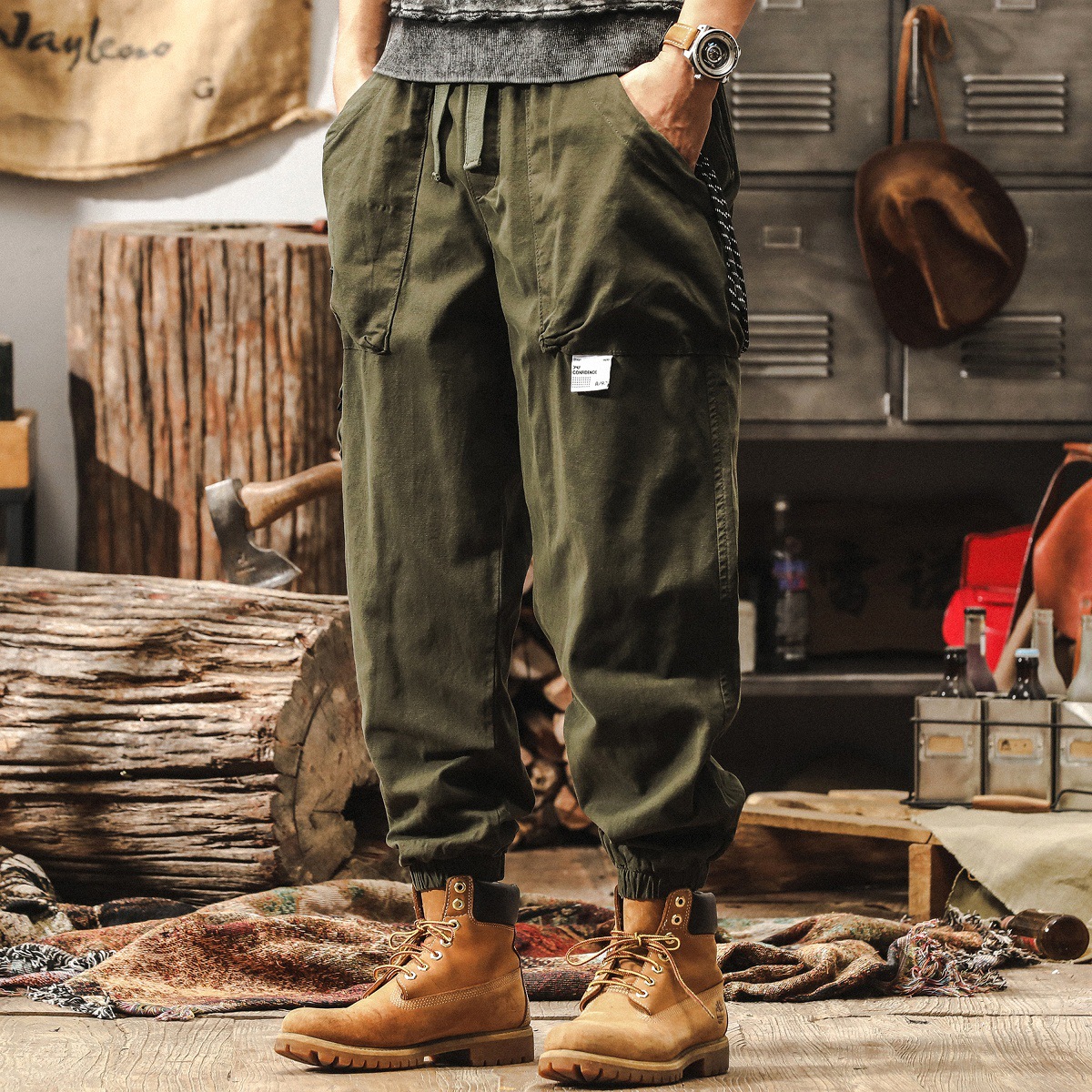 美式復古卡其色工裝褲子男秋季寬鬆闊腿褲新款戶外潮牌男士休閒褲