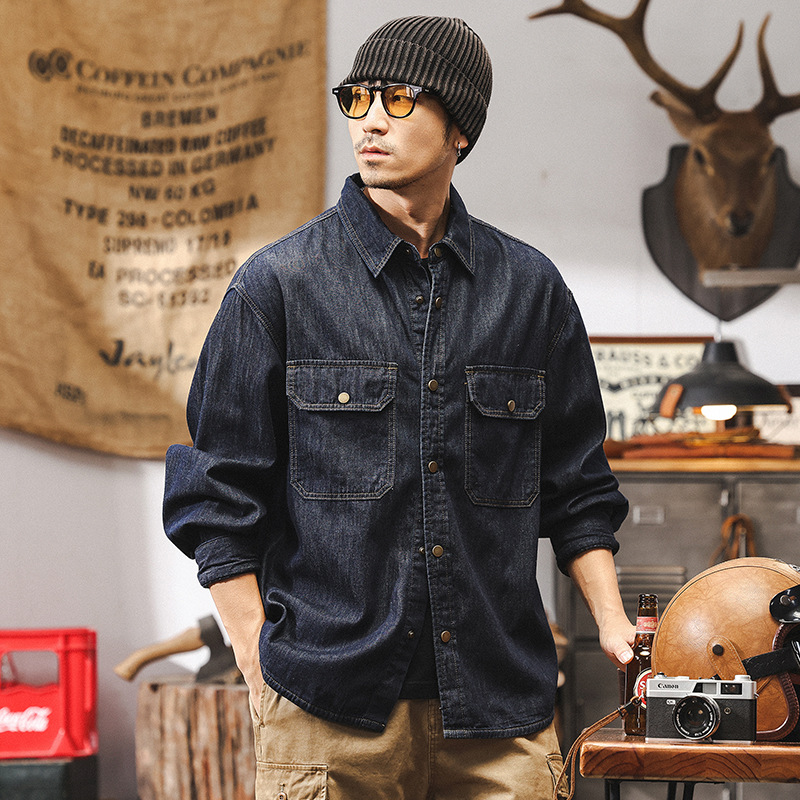 美式復古明線原色牛仔襯衫男春季2025新款工裝長袖襯衣外套男