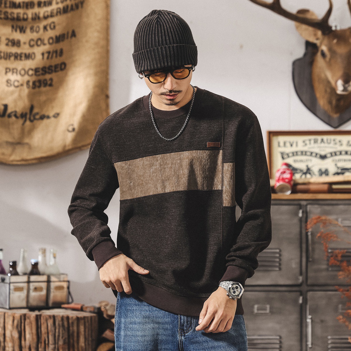 美式復古加絨衛衣男冬季加厚2025新款潮牌撞色拼接寬鬆長袖上衣男