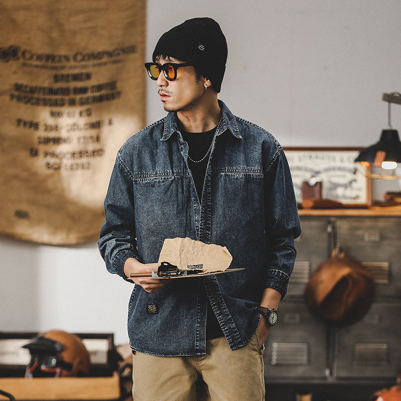 美式工裝牛仔襯衫男長袖2024新款酵磨復古襯衣男春秋男士上衣外套
