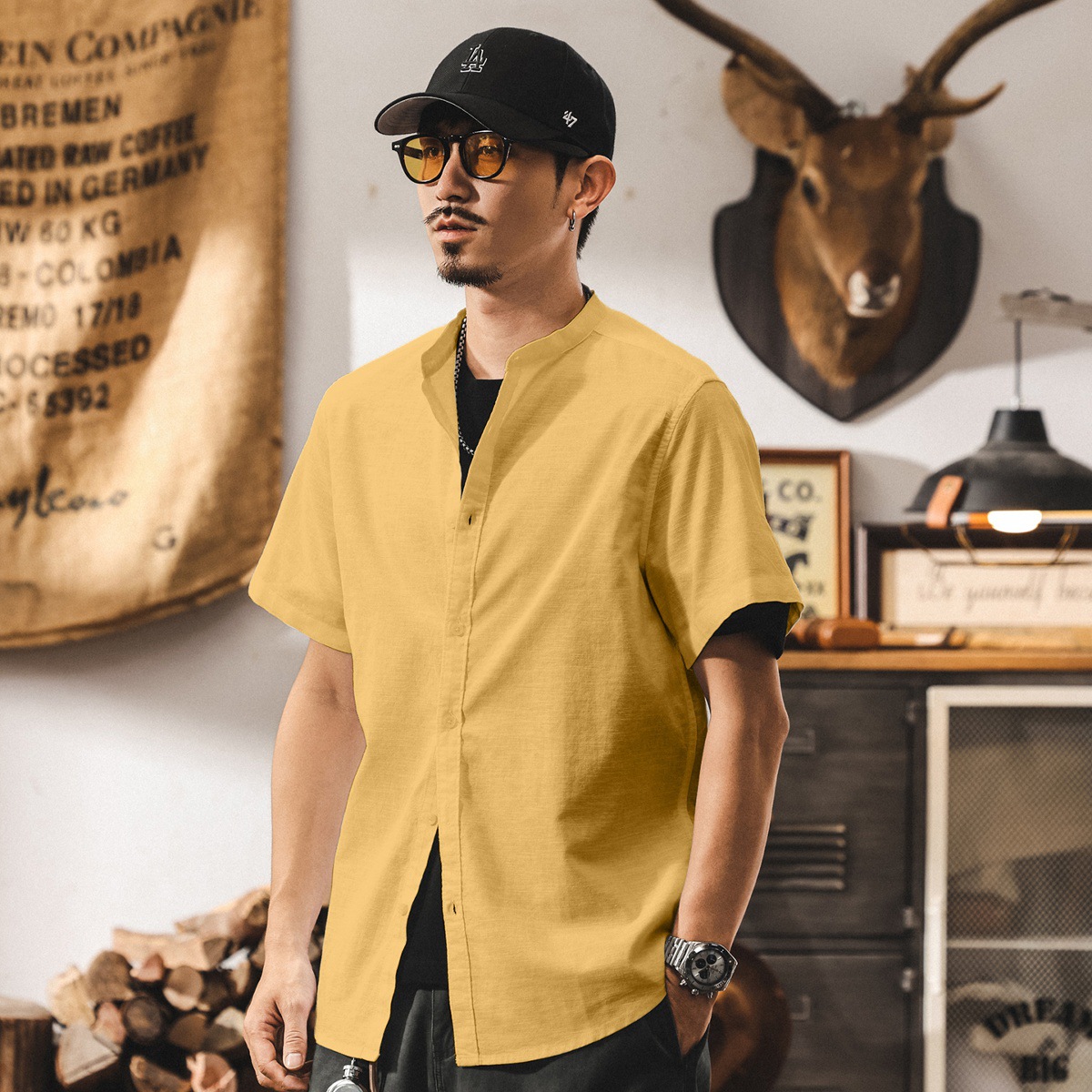 中式復古高級感棉麻襯衫男士短袖夏季新款潮牌寬鬆立領國風襯衣男